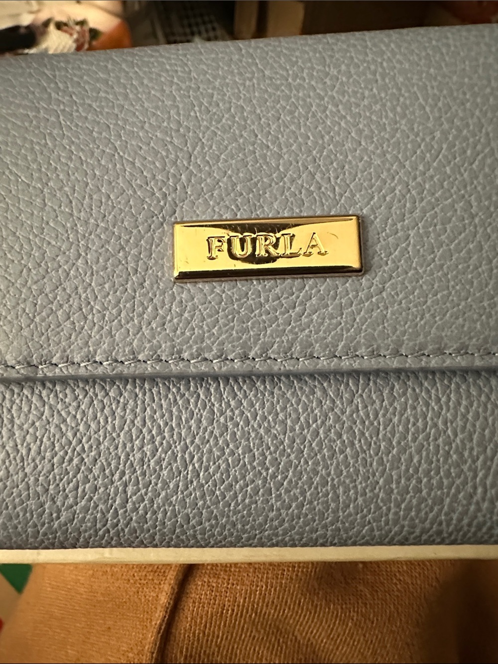 Furla Dusty Blue Pebbled Leather Compact Wallet with Gold Plaque - Picture 4 of 4
